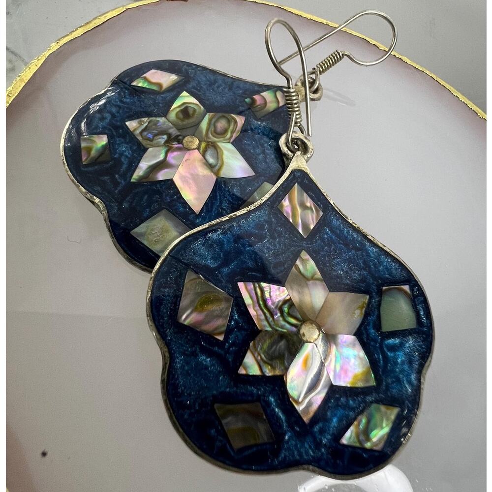 Vintage Abalone Shell & Deep Blue Mosaic Inlay Dangle Earrings - Picture 2 of 10
